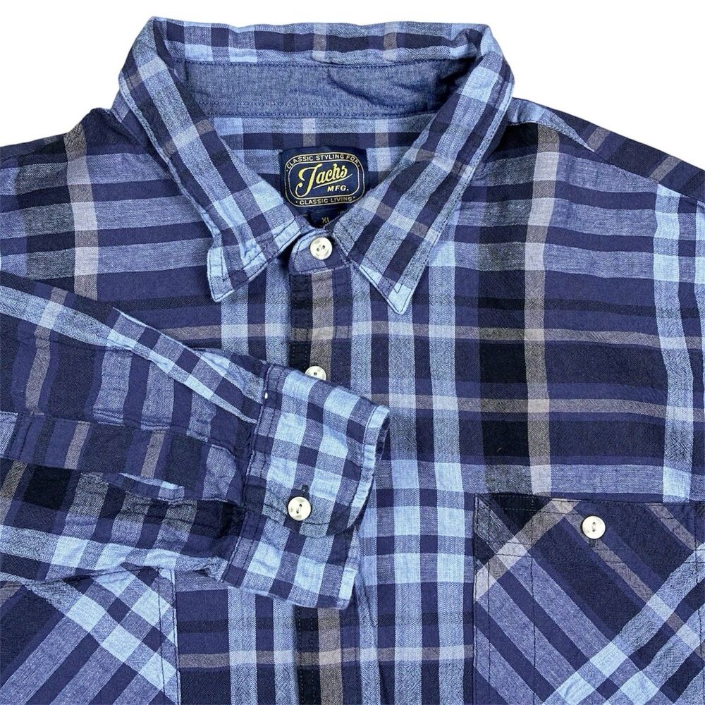 Jachs MFG Mens XLarge Blue Plaid Long Sleeve Button Up Shirt Linen/Cotton Blend